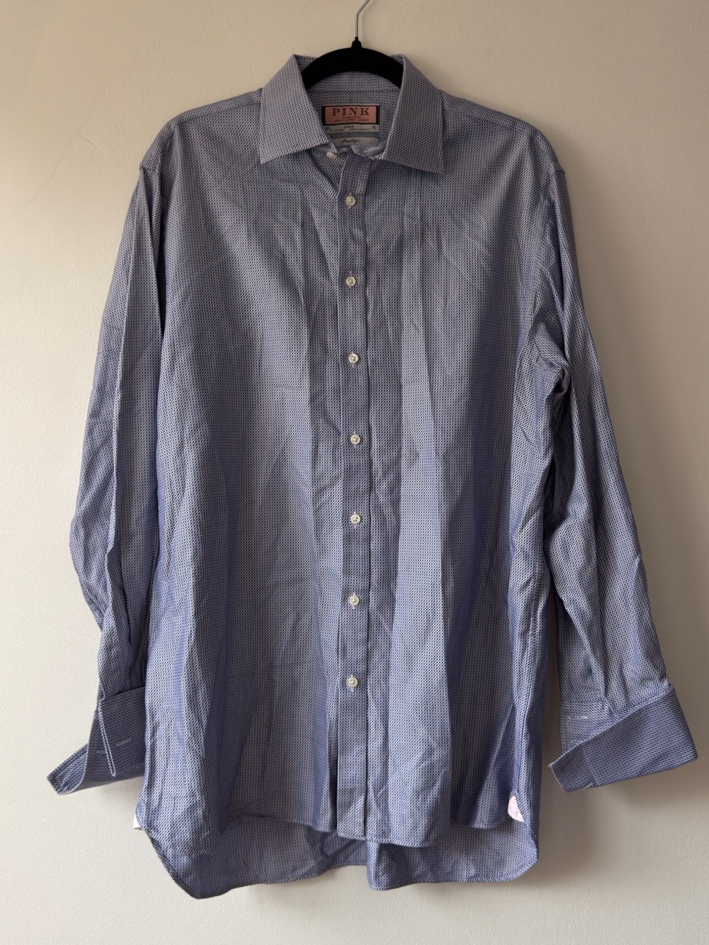Thomas Pink Prestige Dress Shirt Mens 16.5 35 Blue Micro Pattern French Cuff